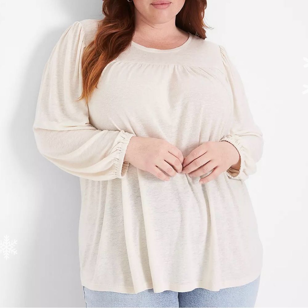 Lane Bryant Linen-Blend Cream Blouson 3/4 Sleeve Crew Neck Top Shirt Size 18/20